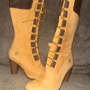 Timberland Tan and Brown Heeled Lace-Up Boots